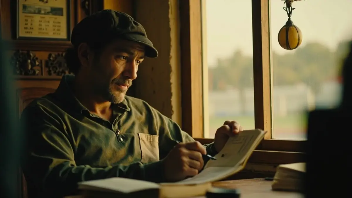 Documentary-style editorial photography of an Indian cricket fan seated at a sunlit window seat with an open pocket ledger notebook