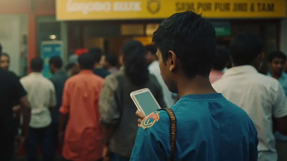 Editorial lifestyle photography of a young Indian cricket fan waiting in a queue outside an Indian retail electronics kiosk holding a smartphone