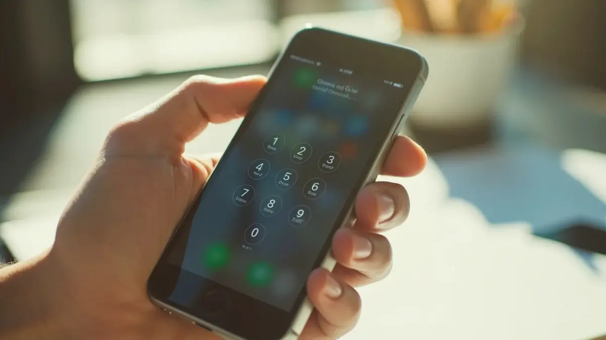 Editorial photography of a hand holding a smartphone with a generic blurred numeric keypad app screen visible