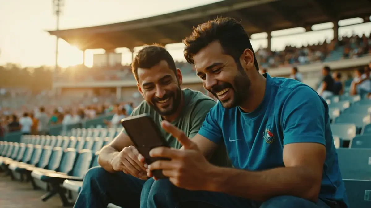 Documentary photography of two Indian cricket friends seated on stadium steps passing one smartphone between them