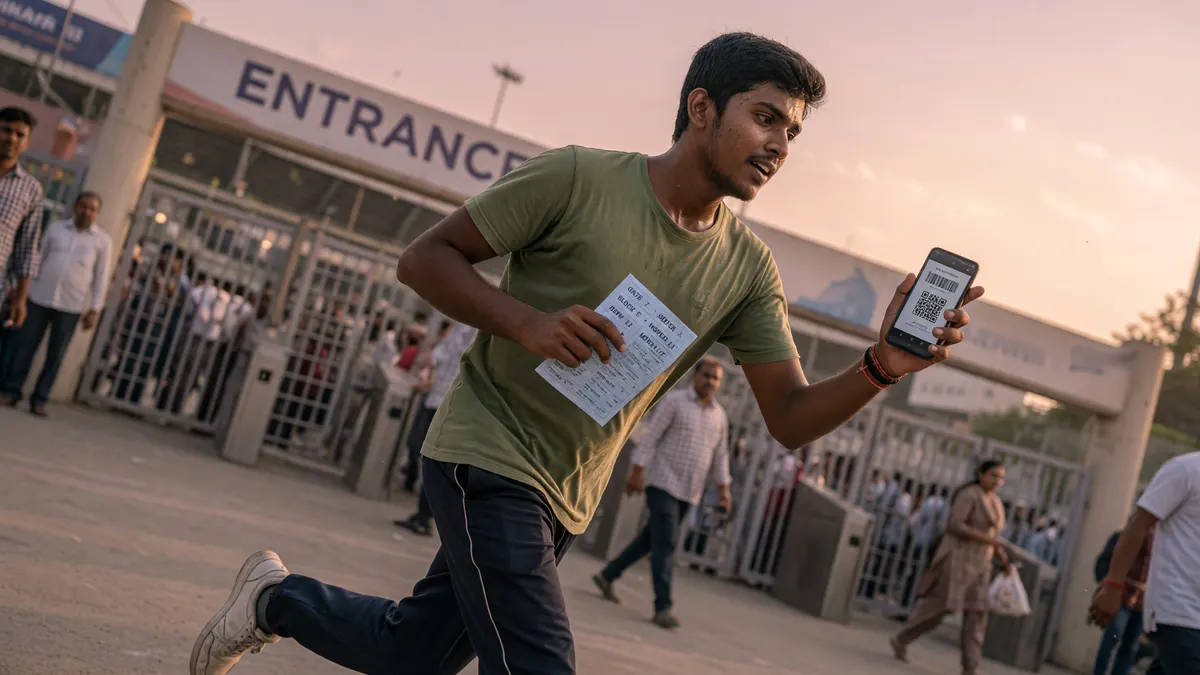 Editorial cricket photography of a young cricket fan rushing toward a stadium gate holding a ticket and pointing at a smartphone
