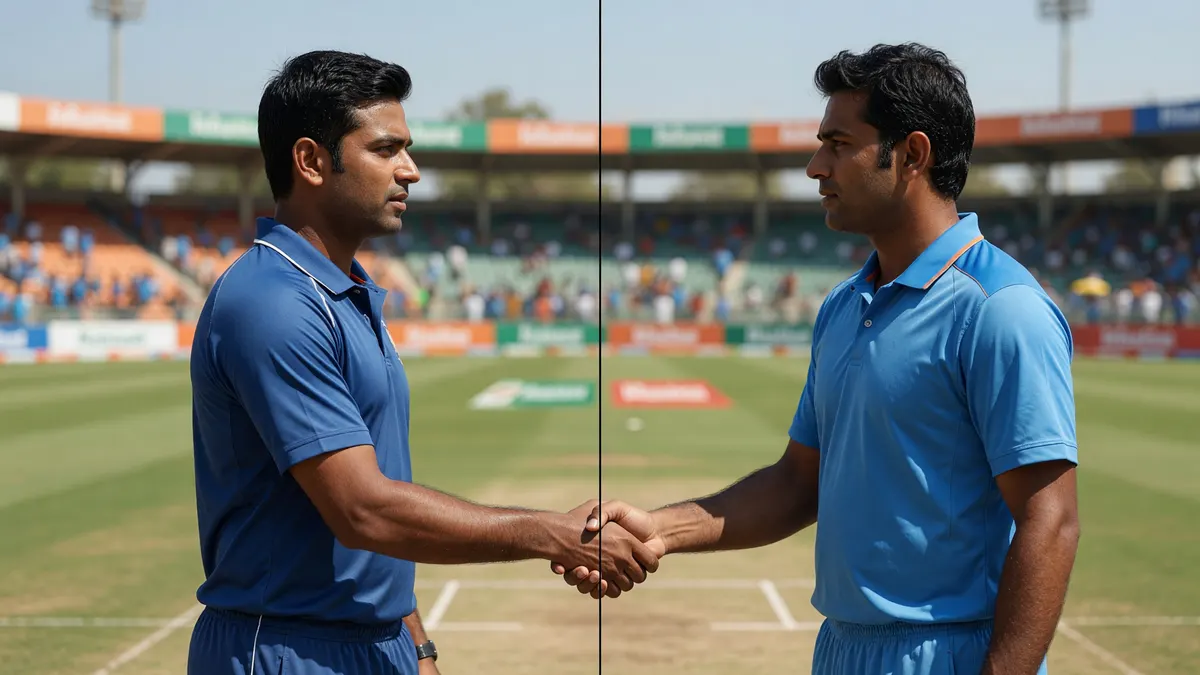 Editorial comparison photo of two opposing cricket captains shaking hands at the toss
