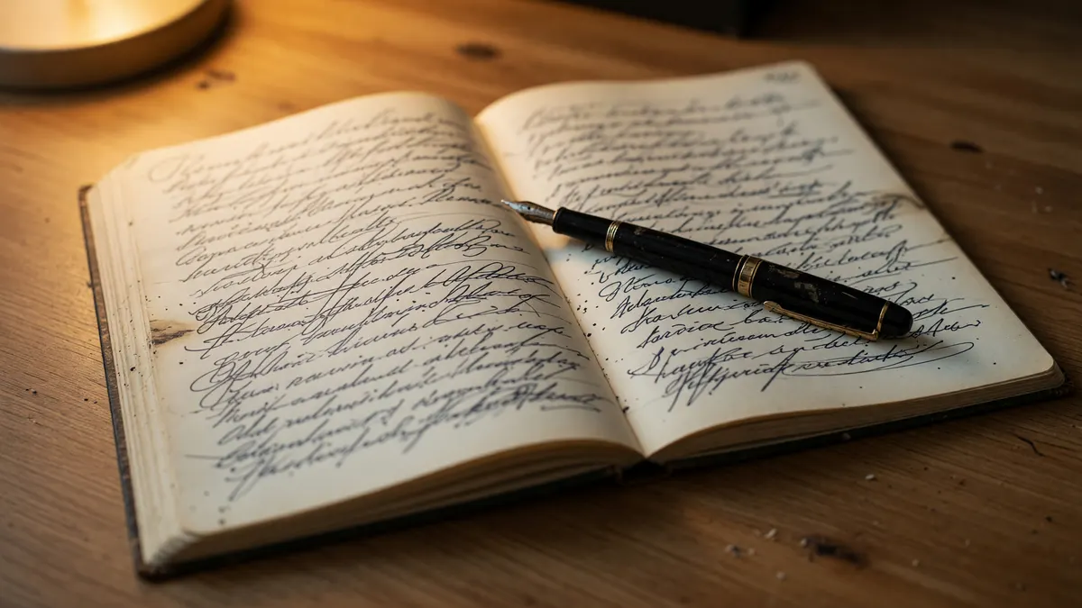 Editorial photography of an editorial desk writers open journal with handwritten scribble lines and a fountain pen