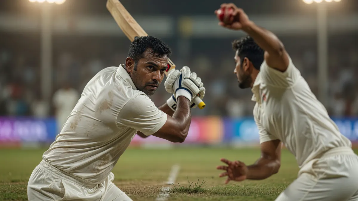 Editorial cricket photography of two opposing cricketers facing each other during a tense powerplay over