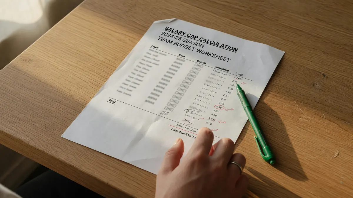 Editorial photography of a salary cap calculation mockup on a clean printed paper with a green pen