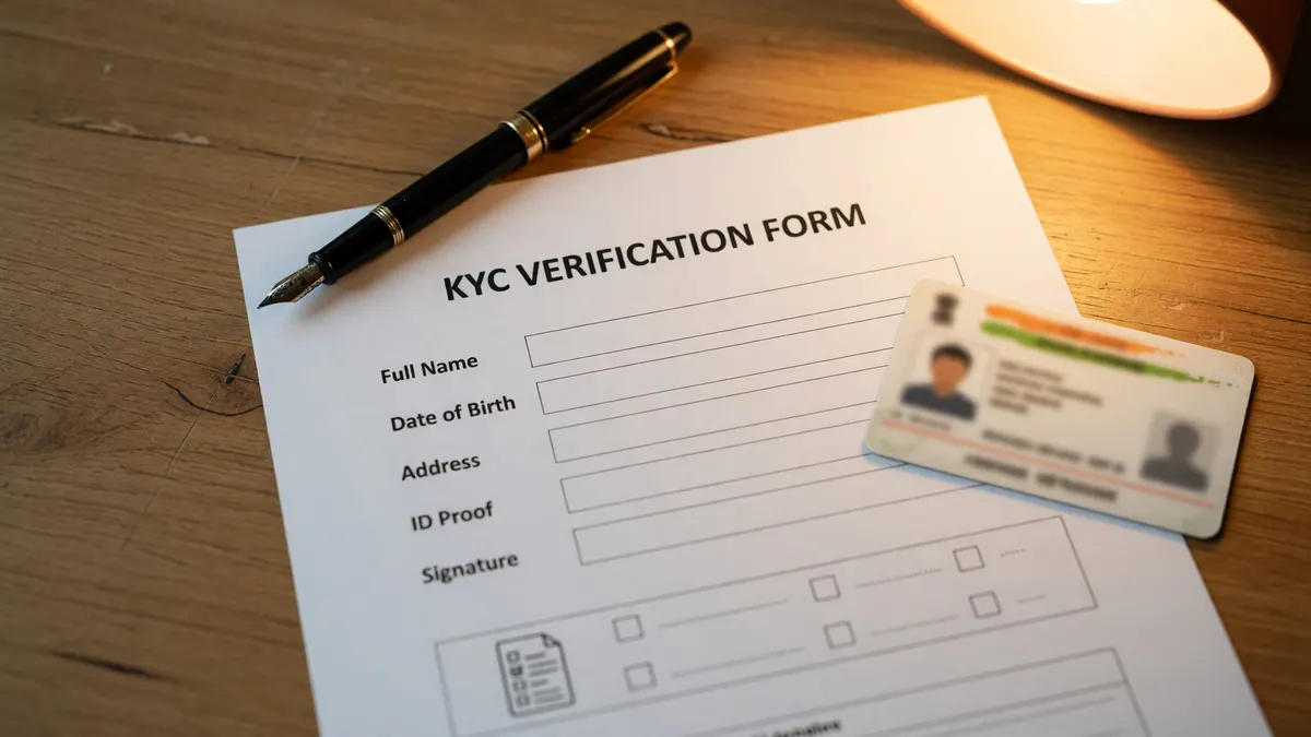 Documentary photography of a clean white wallet KYC verification form on a wooden table