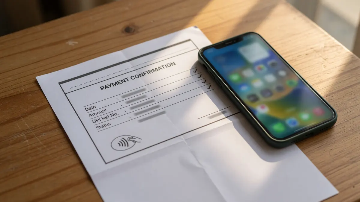 Editorial photography of a UPI payment confirmation slip on a clean printed page next to a smartphone