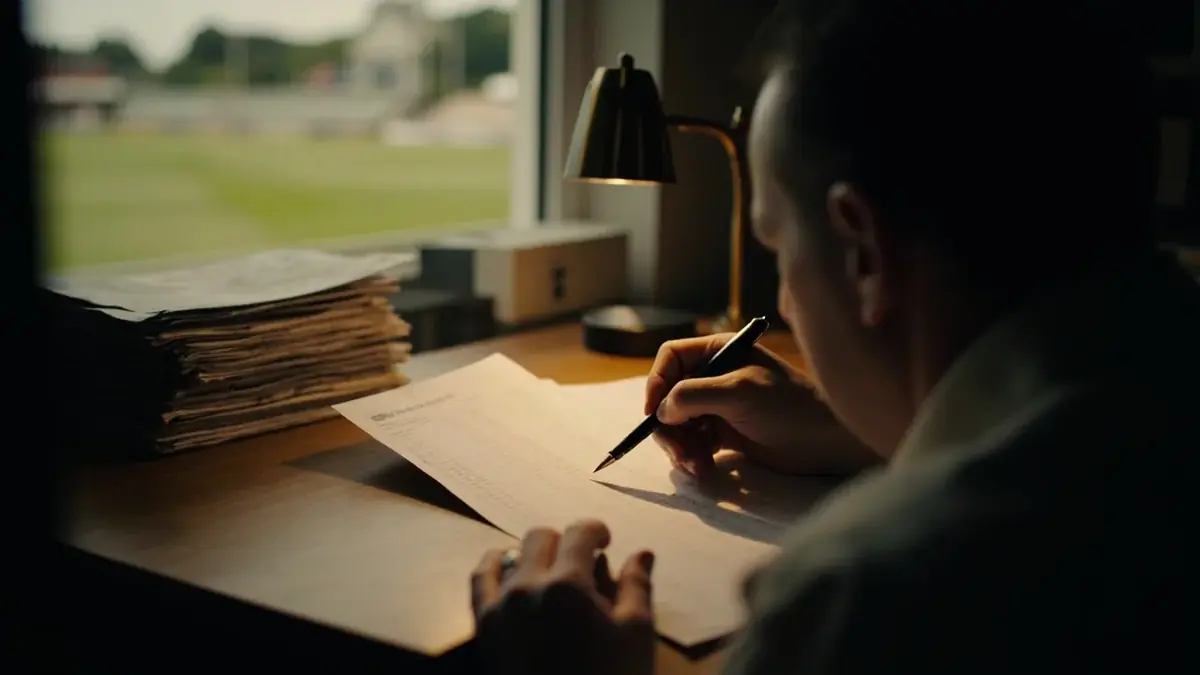 Documentary photography of a cricket writer seated at a small wooden desk with a fountain pen resting on a printed scorecard sheet