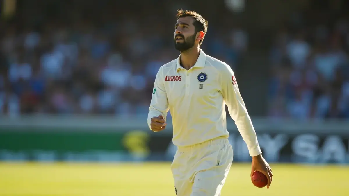 Editorial cricket photography of an Indian fast bowler walking back to his run-up mark with a red ball tucked under one arm