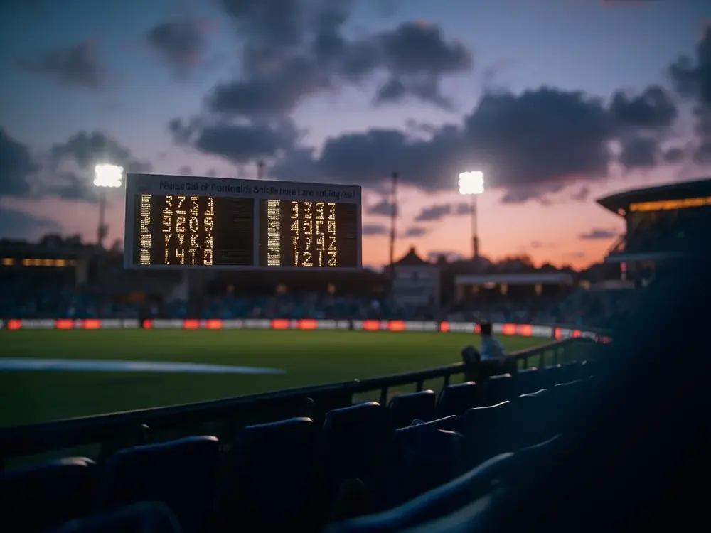 Editorial cricket photography of a stadium scoreboard at twilight with soft stadium lights