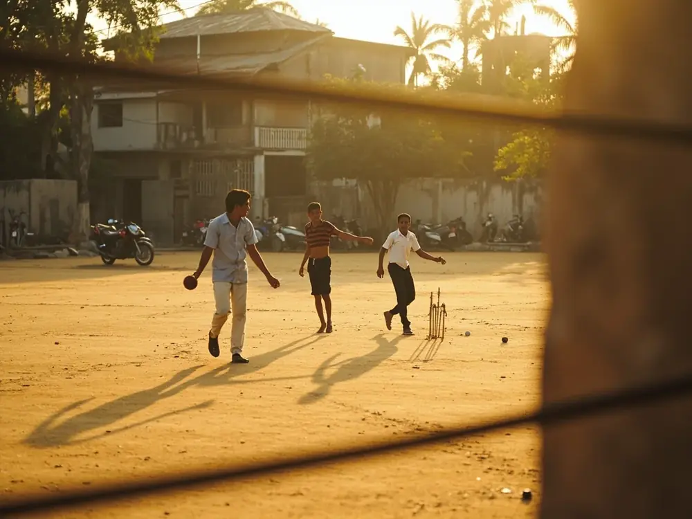 Editorial environmental photography of an Indian sub-urban cricket ground at the boundary rope in late afternoon