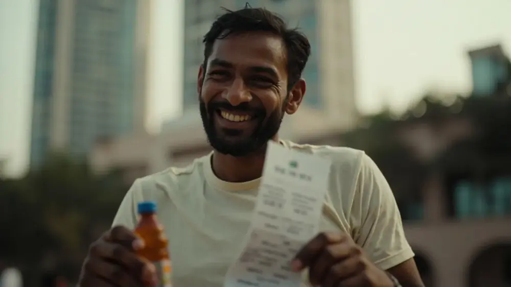 Documentary photography of an Indian cricket fan in a public setting holding a printed payout receipt