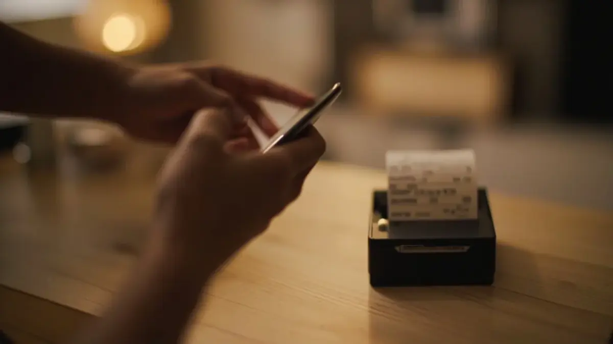Editorial photography of a hand placing a smartphone on a clean wooden table next to a small receipt printer outputting a paper slip