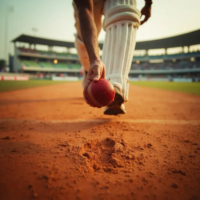 Red-soil pitch close-up with a bowler footprint in the dust and a pitch map overlay